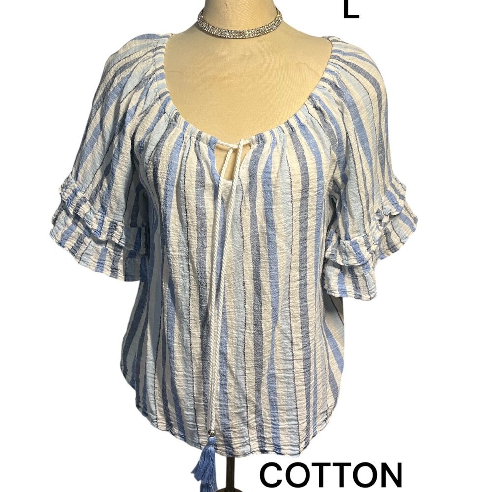 UNIQUE SPECTRUM Striped Blue and White Women's Top Sz L Cotton Ruffled Sleeves